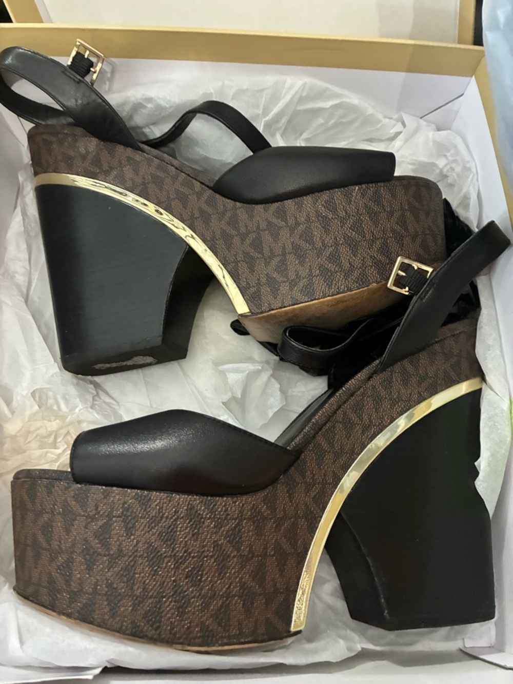 Michael Kors Black Leather Platform Sandals with Brown MK Wedge